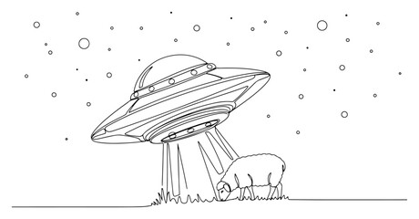 UFO flying saucer abducting a sheep in a field under starry night sky minimalist line art style © InsomniaVideo