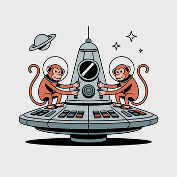 Two funny monkeys in space suits piloting a futuristic spaceship through the galaxy with planets