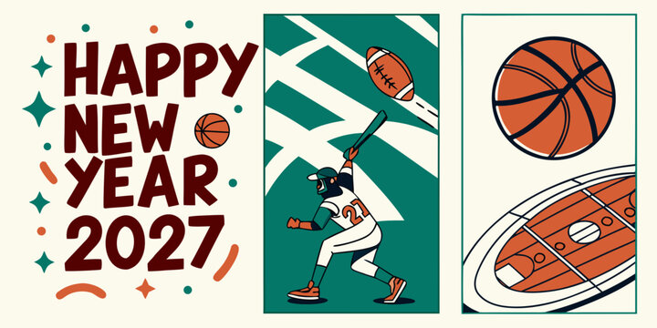 USA, US, U.S, United States - Happy new year 2027 sports greeting card design with baseball player football and basketball elements in retro style
