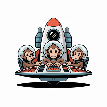 Three monkey astronauts in space helmets operating a futuristic rocket ship control panel