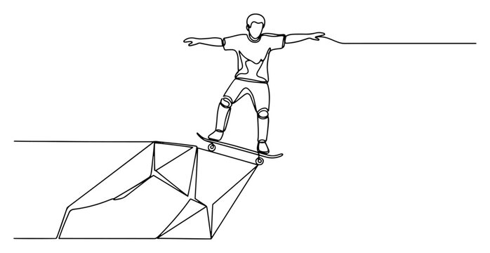 Skateboarder balancing on the edge of a geometric rock in minimalist one line art style