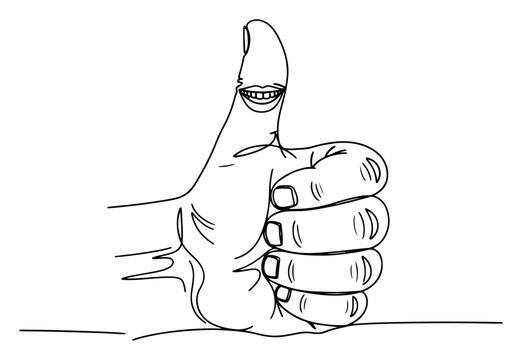Hand showing thumbs up gesture with smiling mouth on thumb in minimalist continuous line art style
