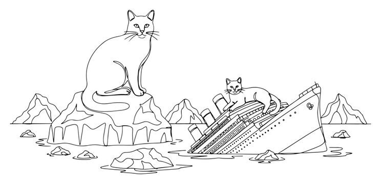 Two giant cats playing on sinking ship and iceberg in minimalist line art style