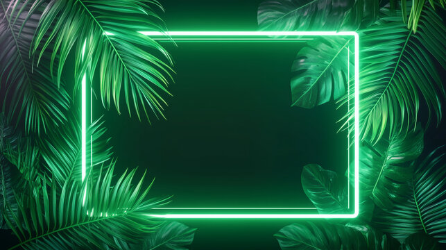 Tropical palm leaves background with glowing green neon rectangular frame, exotic jungle foliage aesthetic, copy space.