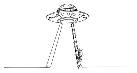 Person climbing a ladder into a UFO flying saucer in minimalist one line art style © InsomniaVideo