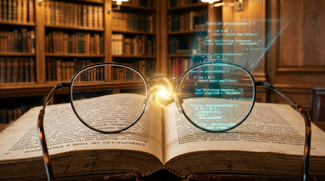 Glasses on a book with coding and light effects in a library setting with bookshelves