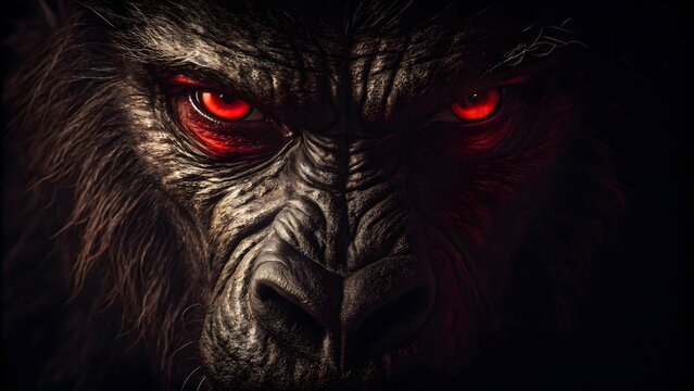 Angry Gorilla Face Close Up with Glowing Red Eyes in Dark Shadow