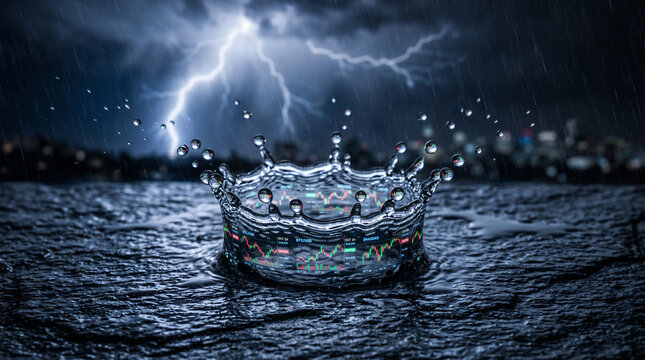 Water splash on stock market screen during stormy weather with lightning in background scene