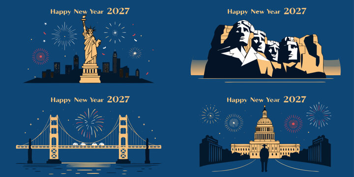USA, US, U.S, United States - Happy new year 2027 greeting card set with famous american landmarks statue of liberty mount rushmore golden gate bridge and us capitol building with fireworks