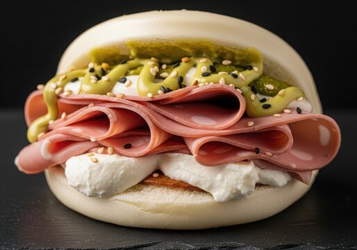 Gourmet bao bun sandwich with mortadella, stracciatella cheese and pesto
