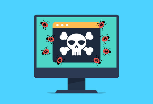 The monitor screen displays a tile of an infected website from which computer worms emerge and infect the system. Image of a computer infected with a virus.