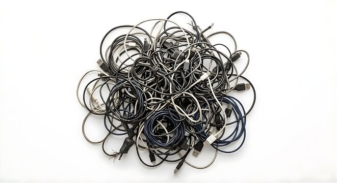 Large Pile of Messy Tangled Electronic Data Cables and Connection Wires Isolated on White Background