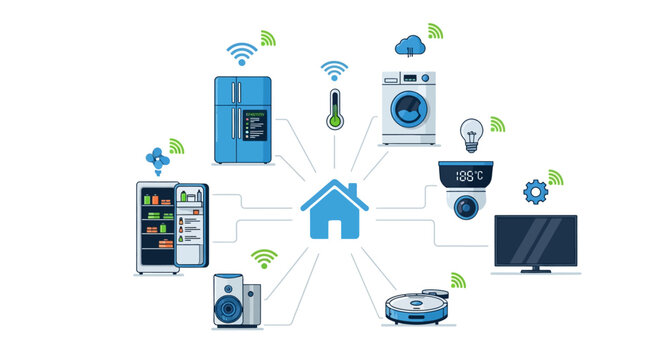 Smart home technology concept with connected devices in modern flat design