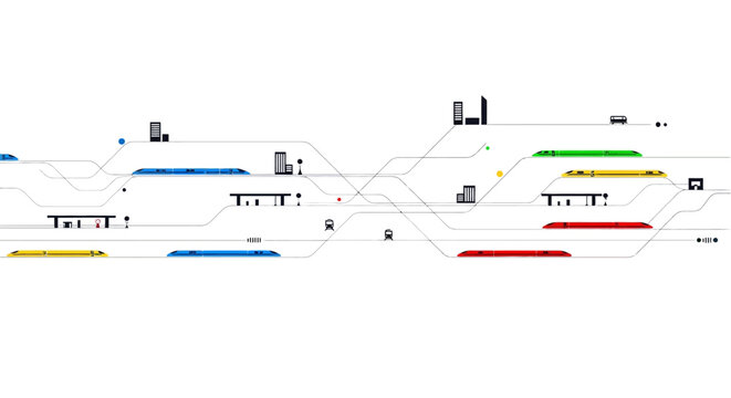 Minimalist futuristic train network map with colorful trains