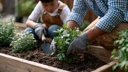 Fototapeta premium Young child helping parent plant herbs in raised backyard garden bed on a June morning, both wearing gardening gloves, trowels in hand, soil-dusted knees suggesting genuine engagement with home grow