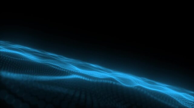 Blue futuristic particle wave with glowing digital flow and abstract technology motion on dark background loop