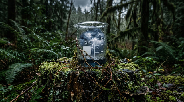 A pyrex glass beaker sitting on a mossy tree stump in a forest
