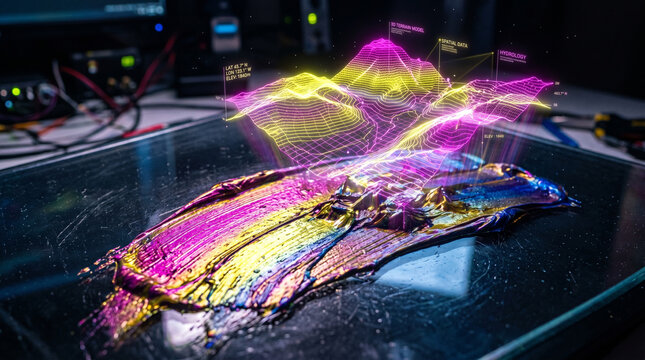 Colorful 3D terrain model on a glass surface with spatial data and hydrology labels