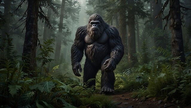 Powerful mythical bigfoot sasquatch creature walking through dense foggy primeval forest wild gorilla monkey monster cryptid giant ape standing in deep jungle woods nature landscape