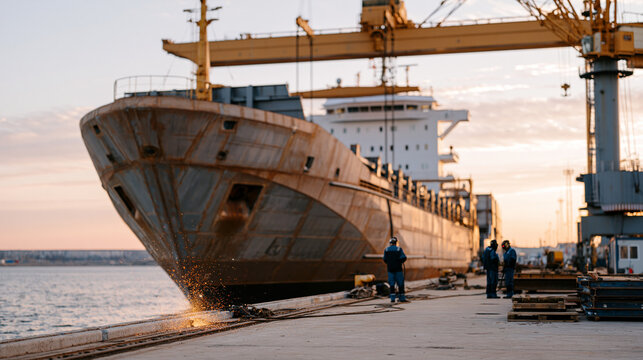 Shipyard vessel construction crew welding hull plates on massive container ship dry dock at golden hour, sparks cascading onto concrete, certified welders in full face shields, overhead crane riggin