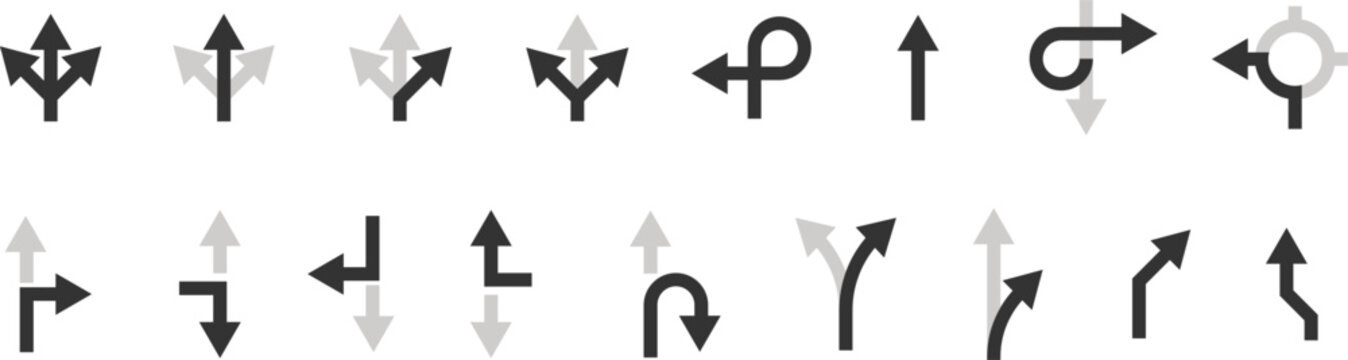 Black and gray arrow direction vector set with diverse navigation icons. Twenty monochrome symbols isolated on white in flat style. Suits flowchart, road signage, and business infographic design.

