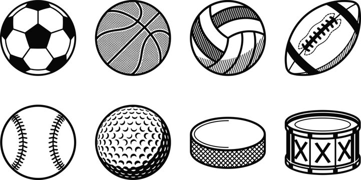 Black and White Sports Equipment Vector Icon Set with Soccer Basketball Volleyball Football Baseball Golf Hockey Puck and Snare Drum Graphics