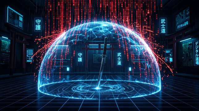 Futuristic digital globe with a sword inside surrounded by neon lights and binary code