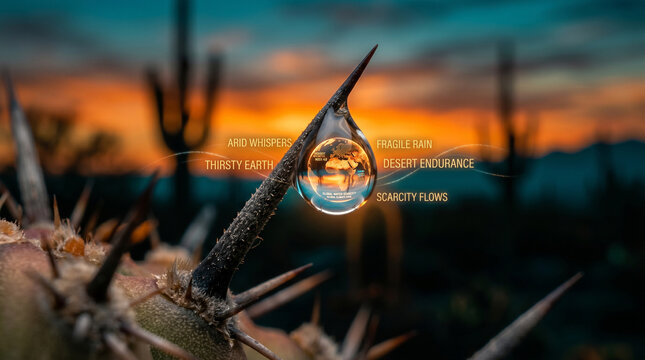 A single water droplet on a cactus spines with a desert landscape at sunset background