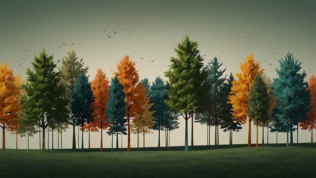 Minimalist Autumn Forest Illustration Featuring Stylized Colorful Trees in Green Orange Teal and Yellow Standing on a Flat Grassy Field Against a Pale Clean Sky with Birds 3D Render