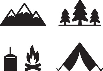 Outdoor adventure set featuring mountains trees camping tent and bonfire silhouettes for travel exploration design elements. © Sumaiya Akter Jumjum