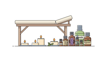 Naklejka premium Aromatherapy essentials on massage table with candles and oils