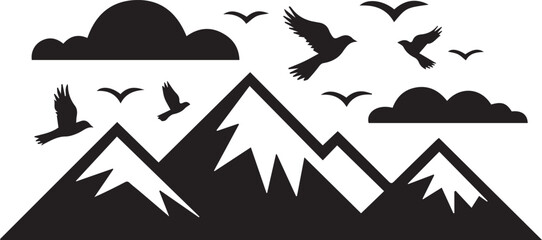Fototapeta premium Mountain range silhouette with flying birds and clouds vector illustration for minimalist nature background and outdoor design.