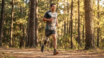 Fototapeta premium Man trail running through forest path during golden hour