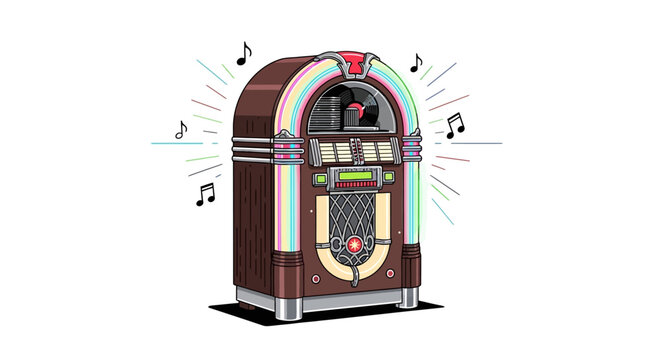 Retro jukebox with colorful musical notes and vibrant neon details