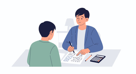 Obraz premium Two people discussing a document at a desk with calculator and pencil