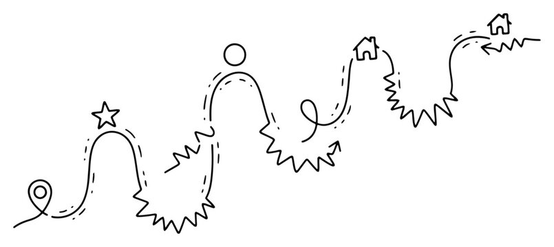 Path journey from start to finish with houses and star symbols in minimal continuous line art style