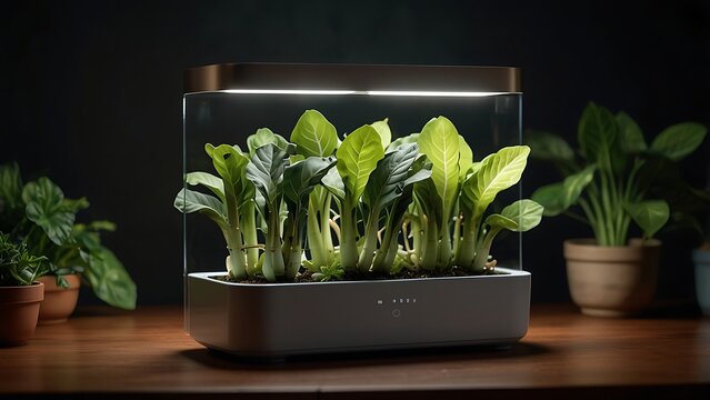 Modern Smart Indoor Hydroponic Garden Kit with Growing Green Leafy Vegetables Under Integrated LED Grow Light on a Wooden Table Interior Home Decor Concept 3D Render