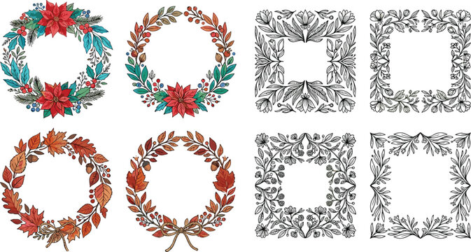 Christmas Floral Wreath and Square Frame Vector Set Featuring Poinsettia Autumn Leaves and Black Line Art Botanical Borders for Festive Holiday Cards