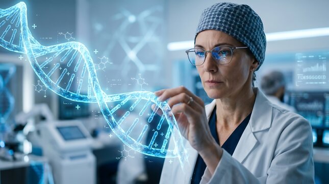Dedicated female scientist studying a vivid holographic DNA spiral