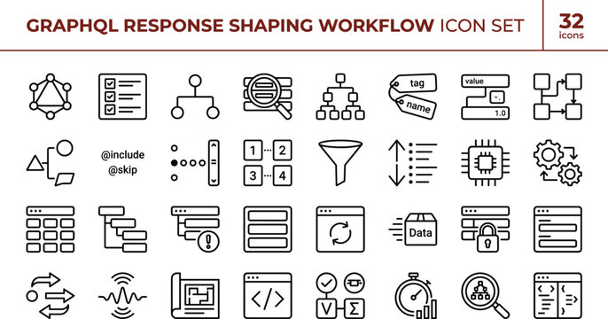 GraphQL Response Shaping Workflow Icon Set with API Data Processing and Query Architecture System Symbols