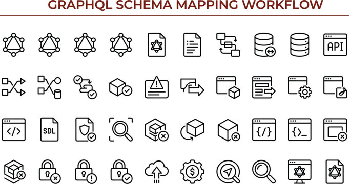 GraphQL Schema Mapping Workflow Icon Set with API Data Integration and Distributed System Architecture Symbols