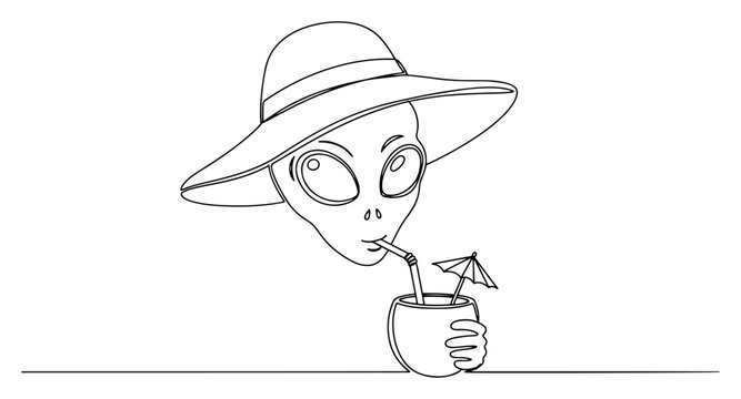 Extraterrestrial visitor wearing summer hat and drinking coconut water in minimalist line art style