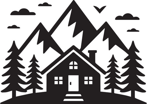 Cabin in mountains illustration with pine trees clouds and flying bird silhouette for winter vacation and hiking lodge branding.