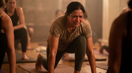 Fototapeta premium Woman exercising in group fitness class with determination, sweat, real bodies
