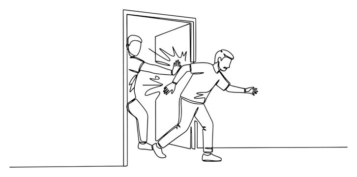 Man being pushed out of a door representing rejection or social exclusion in single continuous line art style