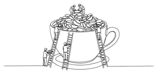 Small people using ladders to fill huge cup with coffee beans in continuous line art style © InsomniaVideo
