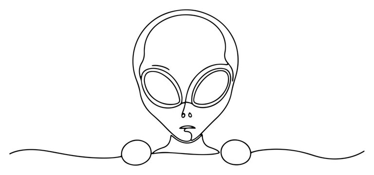 Alien head peeking over horizon line in minimalist continuous line art style