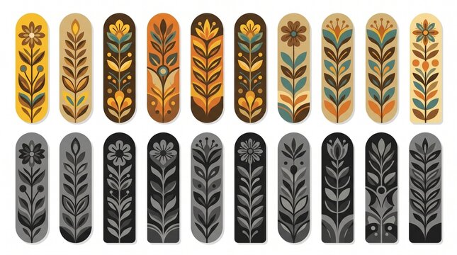 Decorative floral book spines in varying colors featuring stylish ornamental designs perfect for illustration purposes