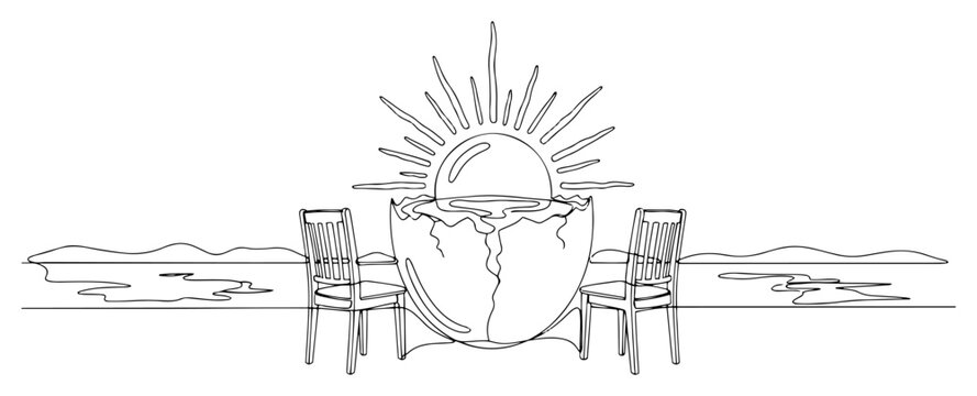 Two chairs facing a sunrise emerging from a cracked egg shell in symbolic line art style