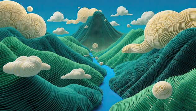 Whimsical landscape featuring green layered rolling hills, a winding blue river, a central mountain peak, and stylized white paper-roll clouds under a bright blue sky